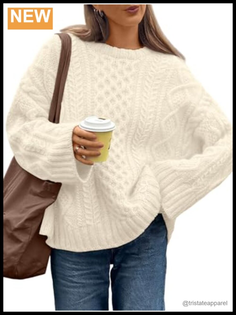 Oversized Cable Knit Sweater Women Crewneck Long Sleeve Fall Pullover